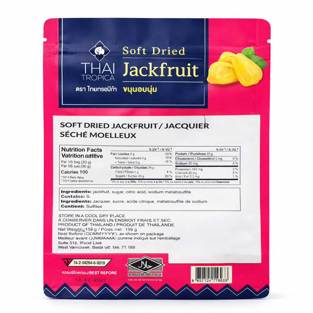 Thai Tropica Soft Dried Jackfruit, 159g, made from premium Thai Jack Fruit, soft, chewy texture. Vegan, Halal, Non-Fat & Cholesterol- Free, Candied fruit snack
